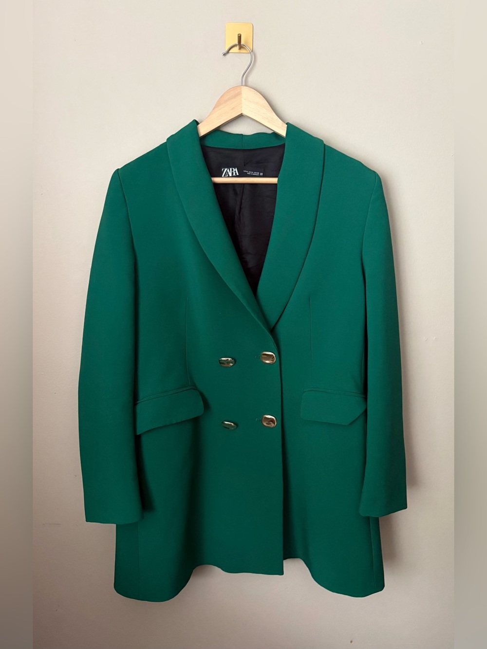XL Zara Kelly Grass‎ Green Long Double Breasted Lined Blazer Gold Buttons